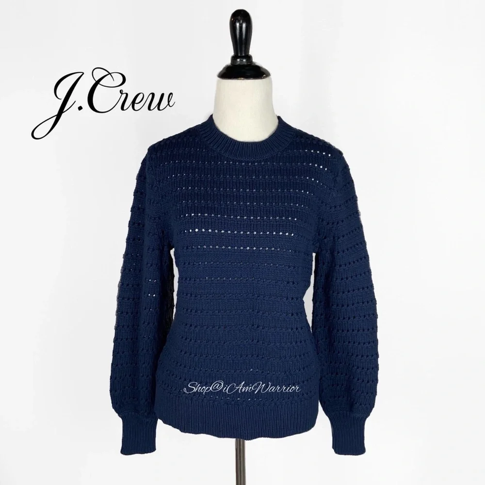 J.Crew NWT navy striped pointelle balloon sleeve cotton blend crewneck sweater